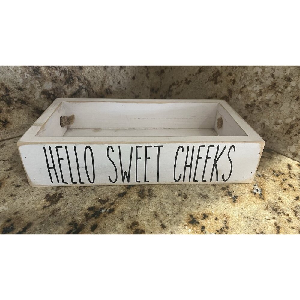 Wood Toilet Paper Holder Hello Sweet Cheeks & Nice Butt Bathroom Decor Tray Box - Picture 6 of 8